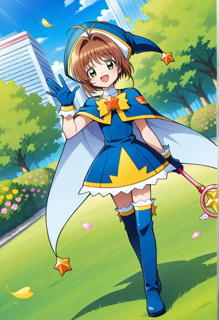 outdoor, trees, grass, cityscape, floating leaves, flowers,
BREAK,
{open smile|light smile},
{full body|cowboy shot}, (posing:0.4),
dynamic angle,
BREAK,
<lora:sakuraS_illustriousXL_v03:0.9>
kinosakubs, short hair, brown hair, ahoge, wizard hat, blue headwear, green eyes,
blue dress, frills, capelet, blue capelet, blue gloves, frilled gloves, coattails,
frilled thighhighs, blue thigh boots, frilled boots,
star wand, holding wand, starwand,, source_anime, very aesthetic, anime coloring, masterpiece,
best quality, amazing quality, ultra detailed, very aesthetic,
detailed background,
BREAK,