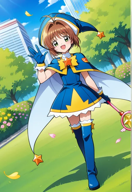 outdoor, trees, grass, cityscape, floating leaves, flowers,
BREAK,
{open smile|light smile},
{full body|cowboy shot}, (posing:0.4),
dynamic angle,
BREAK,
<lora:sakuraS_illustriousXL_v03:0.9>
kinosakubs, short hair, brown hair, ahoge, wizard hat, blue headwear, green eyes,
blue dress, frills, capelet, blue capelet, blue gloves, frilled gloves, coattails,
frilled thighhighs, blue thigh boots, frilled boots,
star wand, holding wand, starwand,, source_anime, very aesthetic, anime coloring, masterpiece,
best quality, amazing quality, ultra detailed, very aesthetic,
detailed background,
BREAK,