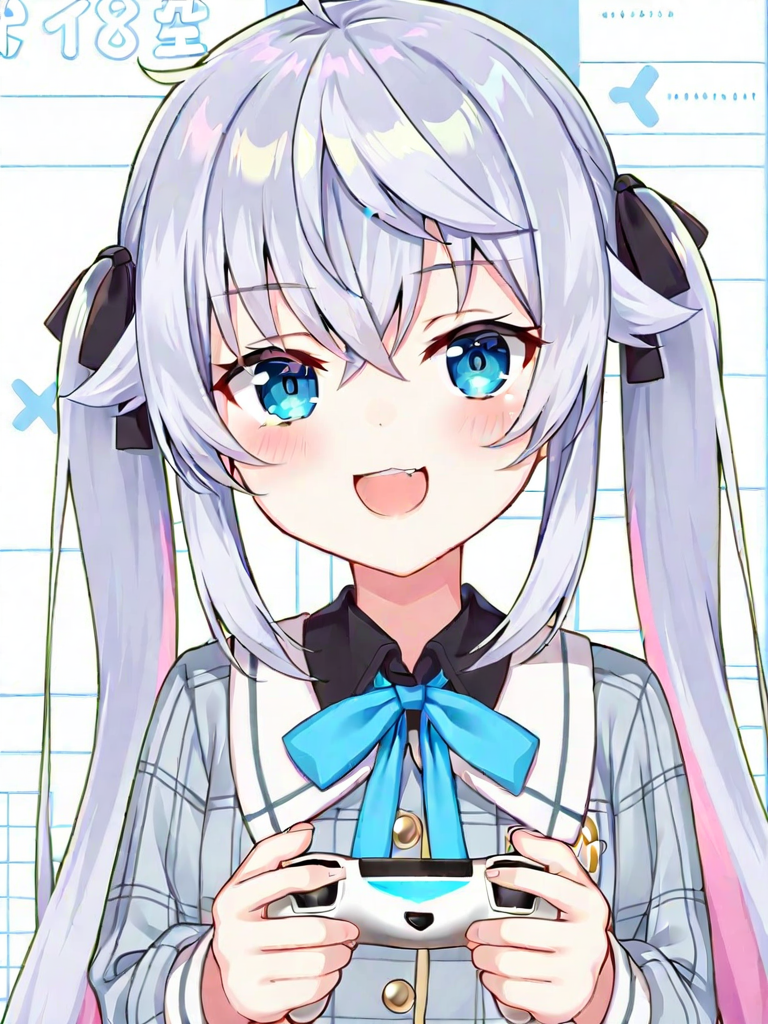 twintails, solo, controller, smile, game controller, holding, looking at viewer, bow, holding controller, ribbon, open mouth, long sleeves, :d, collared shirt, Kagura_Nana, Kagura_Nana_clothes_C<lora:Kagura_Nana_V0_3:0.6>,