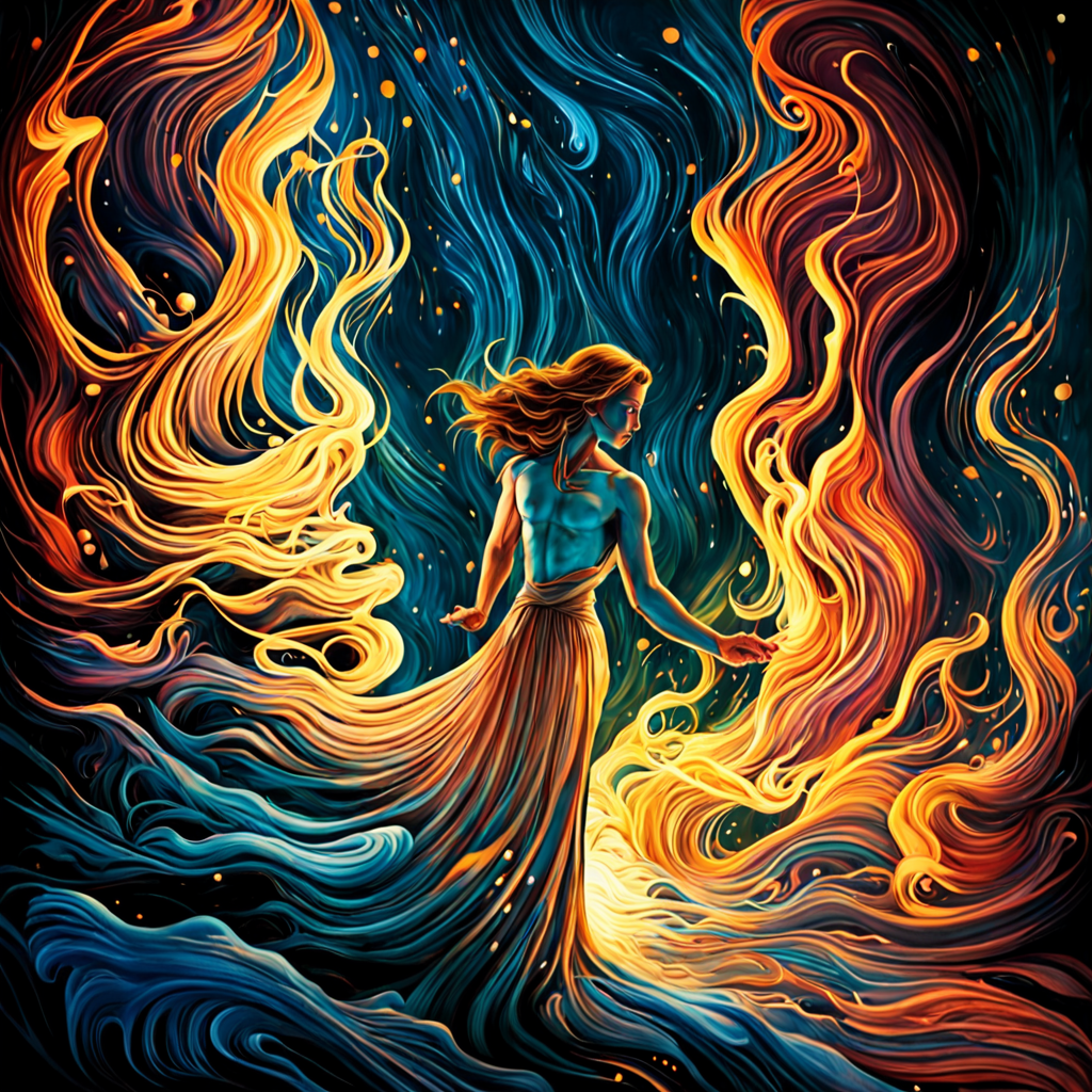 (masterpiece, best quality:1.4), light painting, (long exposure:1.2),dynamic streaks, luminous trails, vibrant colors, fluid movement, captivating patterns, creative experimentation,(1girl),(highest detailed),(cowboy shot:1.2),dynamic pose by dnmumfrd <lora:dan_mumford_v09:1.7>, Crystal Caverns . Majestic underground city carved from stunning natural crystal formations, translucent spires, glittering architecture, Heroic Realist sculpture  . Figures with idealized musculature posing dynamically, celebrating ideals of mass utopian culture, Kinetic sculpture  . Moving parts, plays of light, floating shapes, real motion that transforms itself, horror-themed  . eerie, unsettling, dark, spooky, suspenseful, grim, highly detailed, tilt-shift photo of  . Selective focus, miniature effect, blurred background, highly detailed, vibrant, perspective control, Art nouveau style . Ornate organic pattern, floral motifs, curving lines, elegant decoration, gold accents