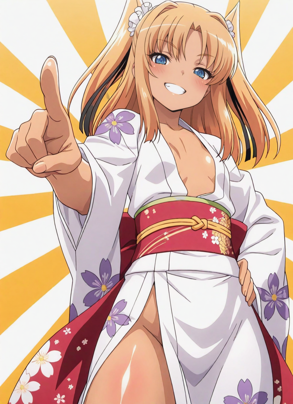 best quality, masterpiece, anime_screencap, hi res, best_quality, very aesthetic, absurdres, 8k, tlwy, 1girl, solo,
female_focus, slender,
small_breasts, flat_chest,
smile, happy, open_mouth,
pointing_at_viewer, winking_at_viewer, hand on hip, hair ribbon,
japanese_clothes, kimono, print kimono, obi, obijime, kanzashi, hair flower, nengajou, happy new year, chinese zodiac, 2025 , snake,  sunburst background, new year <lora:MilAiDou_1_3_Illustrious_Lily_New_V3_16dim_8alpha_3batch_CAME_Cosine_Res:1>, , shiny, shiny skin, shiny hair, soft body,, ,  masterpiece, best quality, amazing quality,, , parted lips, half closed eyes,, <BREAK> (body blush:1.2),, <BREAK> , masterpiece, amazing quality, best quality, ultra-detailed, 8K, illustration, CG, clear skin, ultra-detailed-eyes, soft skin,