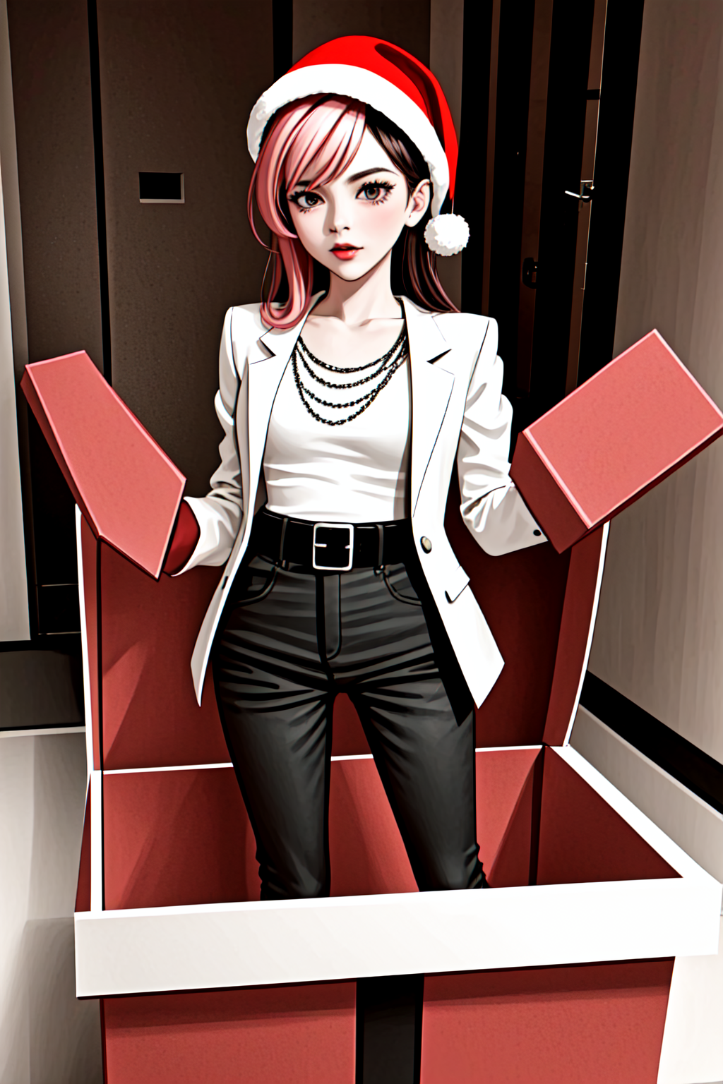 1 girl in a gift box,   <lora:yomama_surprise_gift_v5-10:0.8>yomama_surprise_gift_v5 <lora:LCM_LoRA_Weights_SD15:1> indoor, Christmas decoration <lora:sprwbyNeopolitan-27:0.8> neopolitandef, necklace, white jacket, leotard, black gloves, black pants, belt,
