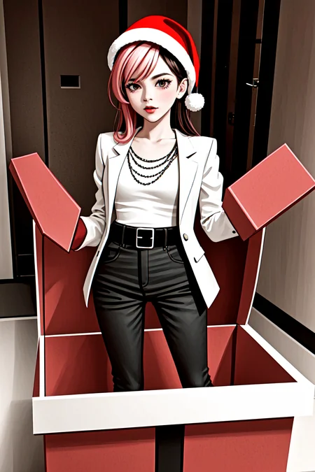 1 girl in a gift box, <lora:yomama_surprise_gift_v5-10:0.8>yomama_surprise_gift_v5 <lora:LCM_LoRA_Weights_SD15:1> indoor, Christmas decoration <lora:sprwbyNeopolitan-27:0.8> neopolitandef, necklace, white jacket, leotard, black gloves, black pants, belt,