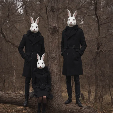 <lora:SDXL_Mask_Sa_May:1> mask, rabbits in black coats standing on a tree