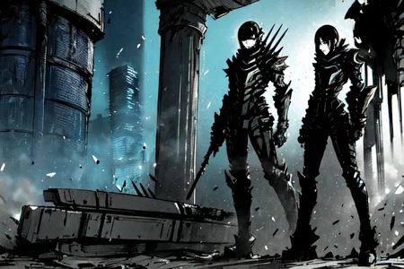 highly insanely detailed, masterpiece, top quality, best quality, highres, 4k, 8k, RAW photo, (very aesthetic, beautiful and aesthetic),
tsutomu nihei,nihei_tsutomu,blame!,blame gakuen!,abara,TNstyle,sidonia_no_kishi,(giant room,city ruins,sidonia \(ship\),tower,tunnel,mausoleum,lab,hangar,stairs),steam,dark background,cyberpunk,futuristic,no human,dystopia,destroyed,open space,
<lora:ABARA:0.8>,
(1girl:1.3),
solo focus,
denim blue background,golden blonde background,(colored camouflage background,multicolored background),âââ