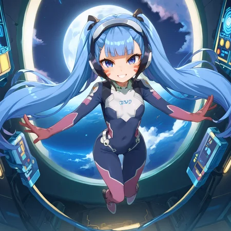 score_9, score_8_up, score_7_up, best quality, official art, concept art, zPDXL3, anime screencap, source_anime, 8k, absurdres, beautiful, stunning, cutest girl in the world, 1girl, solo, straight on, facing viewer, looking at viewer, leaning backward, floating:1.2, <lora:hinaMaybeBetterPoseXL_v4-rev9:1.5>, full body, short stature, uncropped, <lora:merunyaa_style_ponyxl_v1_unet:1>, merustyle, by merunyaa, BREAK
<lora:hermit-mio-s1-ponyxl-lora-nochekaiser:1>, hermit mio, long hair, blue eyes, twintails, very long hair, blue hair, facial mark, headphones, gloves, bodysuit, covered navel, pilot suit, smile, cute smile, BREAK
<lora:Space_ship_concept:1>, sp4cecraft, spacecraft_interior, detailed background, night, evening, midnight, full moon, <lora:BackgroundDetailerV3:0.5>, <lora:Expressive_H:1>, Expressiveh, <lora:add_details_xl:1>
