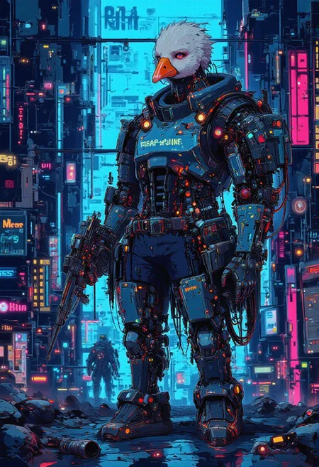 A high detail oil painting of a cyberpunk goose warrior, standing heroically amidst a neon-drenched urban battleground. The goose wields a futuristic pulse rifle glowing with vibrant cyan energy, its combat armor reflecting hues of electric blue and metallic silver. Background features towering skyscrapers adorned with holographic advertisements and pulsating lights. The scene is intense and dramatic, with dynamic lighting and a slight haze from the battlefield smoke. Detailed shadows.intricate details, vivid colors, hyper-detailed, ultra-sharp, DB4RZ, DB4RZ style painting, NeoPigma, in the style of cksc, anime, cyberpunk, Goose Photo Bomb