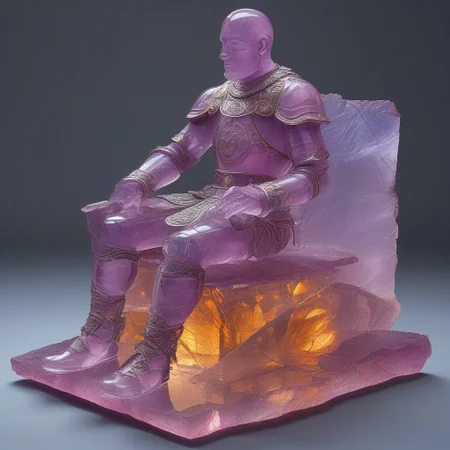 fluorite mineral, flu0rite, iridiscent, a clockwork knight on bent knee accepting a quest from the royal family, the family sits on shining golden thrones, reflections can be seen on the floors