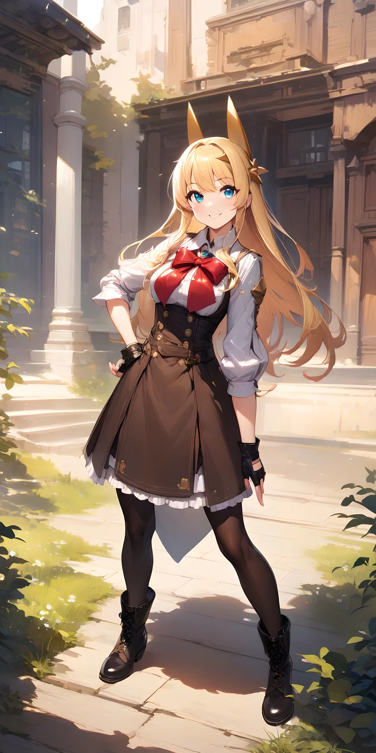 (masterpiece),(best quality),(ultra-detailed),(best illustration),(best shadow),(absurdres),(detailed background),(very aesthetic), tachibana_hinata, 1girl, blonde hair, solo, long hair, gloves, smile, blue eyes, fingerless gloves, boots, pantyhose, dress, black pantyhose, full body, hand on hip, red bow, black gloves <lora:XL-TachibanaHinata:1>