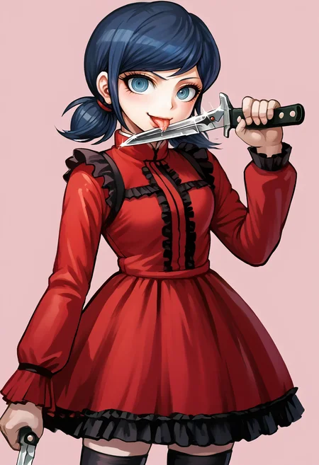 score_9, score_8_up, score_7_up, score_6_up, score_5_up, score_4_up, BREAK source_anime, masterpiece,
simple background, pink background, cowboy shot,
smile, looking at viewer, holding butcher knife,
jdr3ss, dress, black frills, red clothes, thighhighs, long sleeves,
<lora:J-Fashion-Dresses-PDXL_Sakura-Anko_v1:1>,
imtdupacheng, blue eyes, blue hair, short twintails, hair bun, low twintails, swept bangs,
<lora:Marinette-Dupain-Cheng-ML-PDXL_ShutUpImTired_v1:0.5>,
<lora:Komatsuzaki-Rui-Danganronp-art-PDXL_Neclordx_v1:1>,
KN1F3L1CKV1,
licking_weapon, licking_blade, holding_knife, knife, holding_weapon, tongue_out, saliva, saliva_trail,
<lora:Blade-Lick-PDXL_Jayler_v1:1>