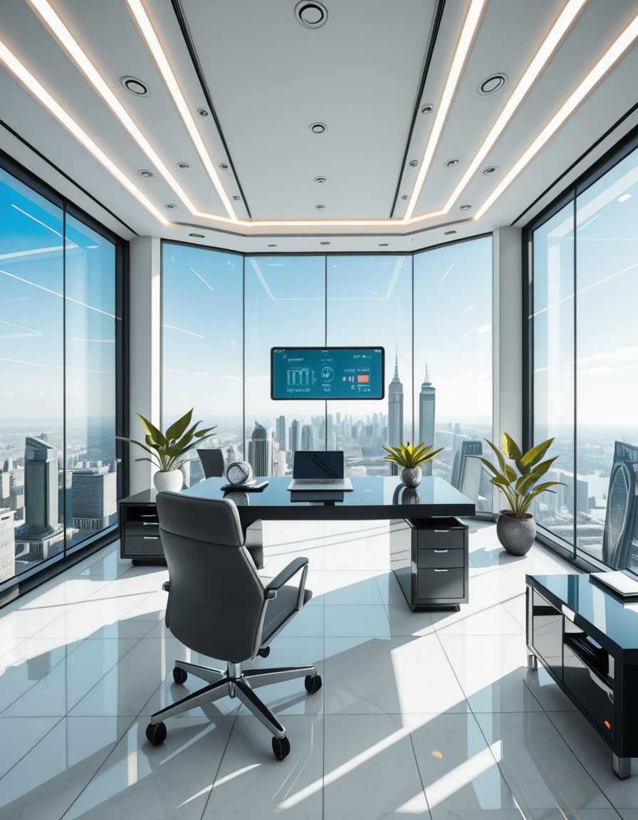 A modern, luxurious executive secretary's office located at the top floor of a futuristic skyscraper. The office has floor-to-ceiling glass walls offering a breathtaking panoramic view of a bustling metropolis under a clear blue sky. Inside, the design is ultra-minimalist and high-tech, with sleek white furniture, a glossy black desk with an integrated digital interface, and an ergonomic designer chair in matte gray leather. There are a few elegant green plants strategically placed for a touch of nature. A thin holographic screen hovers above the desk, displaying schedules and emails. The lighting is bright but soft, coming from recessed LED strips in the ceiling and natural sunlight pouring in. The atmosphere feels calm, professional, and cutting-edge, reflecting the spirit of a powerful tech company. In the background, a subtle artistic sculpture and a minimalist clock complete the decor.
<lora:SDXLFaeTastic2400:0.4> <lora:extremely_detailed:0.4> extremely detailed,secretary 0ff1c3, <lora:secretary_0ff1c3_r1-i:1>, Masterpiece,best quality,hi res,8k,hi res,8k,award winning,(sharp focus, intricate, highly detailed),