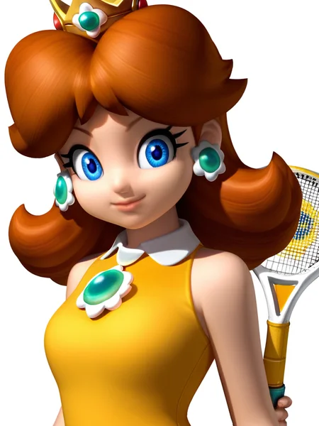Score_9, score_8_up, score_7_up, score_6_up, BREAK,
white background,
<lora:Princess_daisy_3D_render:0.9> 1girl, solo, princess daisy render, blue eyes, brown hair, crown, earrings, sports outfit, flower gem chest, tank top, shorts, upper body, holding tennis racket, looking at viewer, smile, closed mouth, <lora:Expressive_H:0.7> Expressiveh