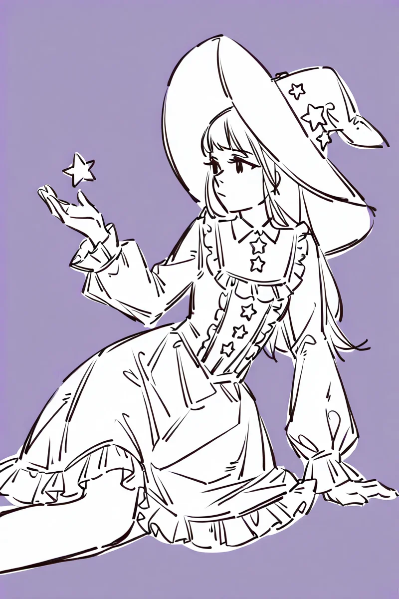 <lora:Sktchst_IL:1> sktchst, 1girl, solo, long hair, hat, monochrome, star (symbol), sketch, purple background, frills, simple background, long sleeves, arm support, dress