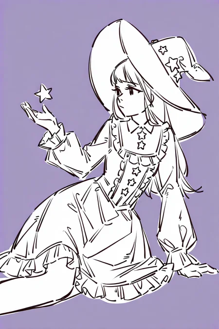 <lora:Sktchst_IL:1> sktchst, 1girl, solo, long hair, hat, monochrome, star (symbol), sketch, purple background, frills, simple background, long sleeves, arm support, dress