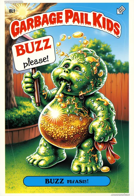 A vibrant cartoon-style image of a Garbage Pail Kid named "BUZZ" with the iconic "GARBAGE PAIL KIDS" logo in bold red lettering at the top. "BUZZ please!" is written in bold letters at the bottom of the image. A liquid glass creature holding a sign "BUZZ!!!". He stands in a garden with sunlight glinting off his glassy surface. The creature is half filled with beer, burping golden bubbles into the air. The scene is filled with vibrant, otherworldly colors and exaggerated, cartoonish details.