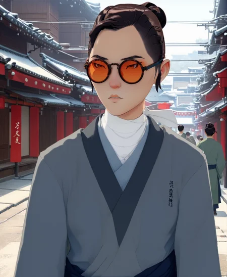 full color drawing of Mizu, sunglasses,dressed in a grey kurotomesode, empty street, Edo period, upper body, epic character composition,by ilya kuvshinov, manon bailly, drawing <lora:BlueEyeSamurai:1> <lora:xl_more_art-full_v1:0.7>