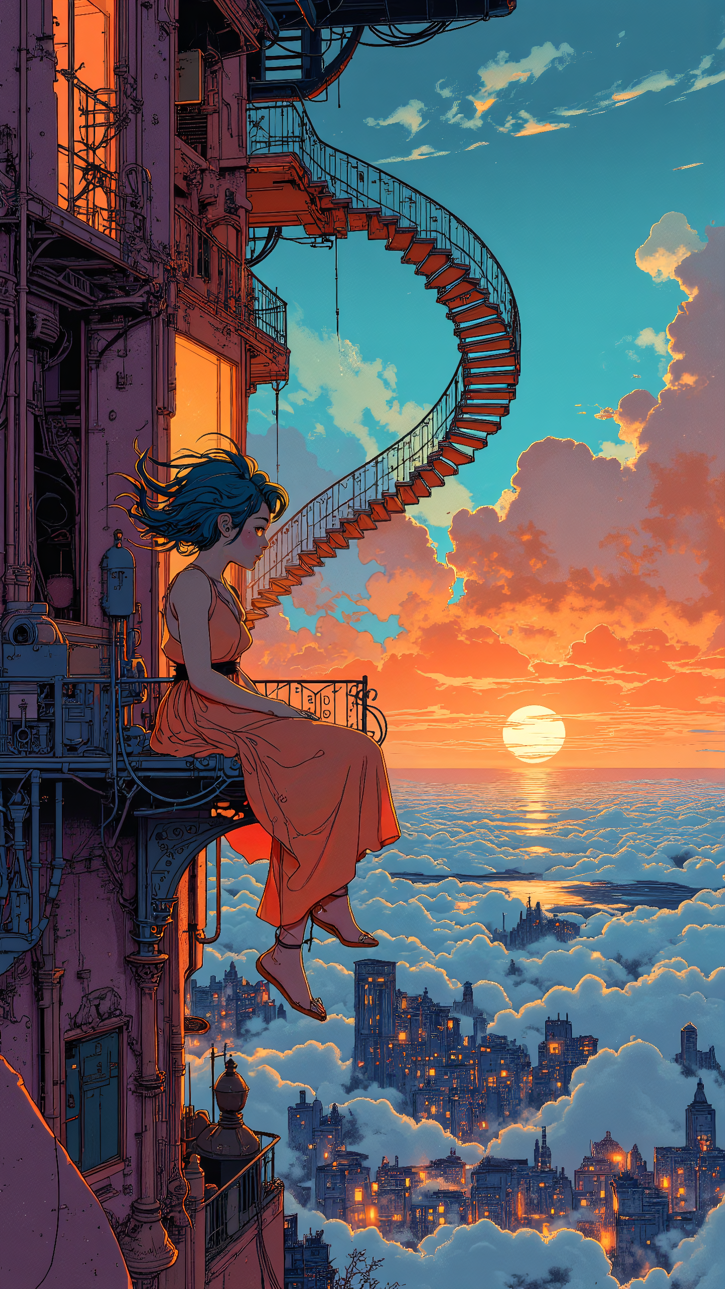 Illustration by Lotte Reiniger, High-resolution semi-realistic illustration, in the surreal and illusionary style of Tang Yau Hoong, blending bold color contrasts, abstract depth, and dreamlike composition. A young woman sits lone on an impossibly suspended staircase, high above a vast, floating landscape of fragmented architecture and endless sky. Her sapphire-blue hair flows freely, strands catching in the warm twilight breeze, her deep amber eyes gazing into the distance with quiet wonder. She wears a soft, flowing dress in a gradient of warm oranges and cool blues, mimicking the merging hues of the sky, the fabric subtly shifting as if dissolving into the air. Around her, staircases twist in impossible directions, doorways open into glowing voids, and shadows stretch unnaturally, creating a sense of gravity-defying mystery. The horizon blends seamlessly into soft gradients, as if the world itself is shifting between reality and illusion. Painterly rich purples, glowing teals, and fiery sunset hues, evoking a mystical, awe-inspiring, and surreal atmosphere <lora:Blue_Future:0.8> <lora:Anime_Art_V3:0.8>