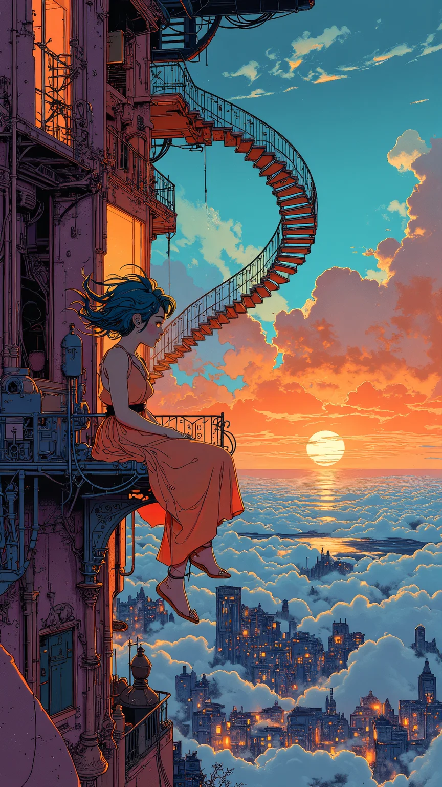 Illustration by Lotte Reiniger, High-resolution semi-realistic illustration, in the surreal and illusionary style of Tang Yau Hoong, blending bold color contrasts, abstract depth, and dreamlike composition. A young woman sits lone on an impossibly suspended staircase, high above a vast, floating landscape of fragmented architecture and endless sky. Her sapphire-blue hair flows freely, strands catching in the warm twilight breeze, her deep amber eyes gazing into the distance with quiet wonder. She wears a soft, flowing dress in a gradient of warm oranges and cool blues, mimicking the merging hues of the sky, the fabric subtly shifting as if dissolving into the air. Around her, staircases twist in impossible directions, doorways open into glowing voids, and shadows stretch unnaturally, creating a sense of gravity-defying mystery. The horizon blends seamlessly into soft gradients, as if the world itself is shifting between reality and illusion. Painterly rich purples, glowing teals, and fiery sunset hues, evoking a mystical, awe-inspiring, and surreal atmosphere <lora:Blue_Future:0.8> <lora:Anime_Art_V3:0.8>