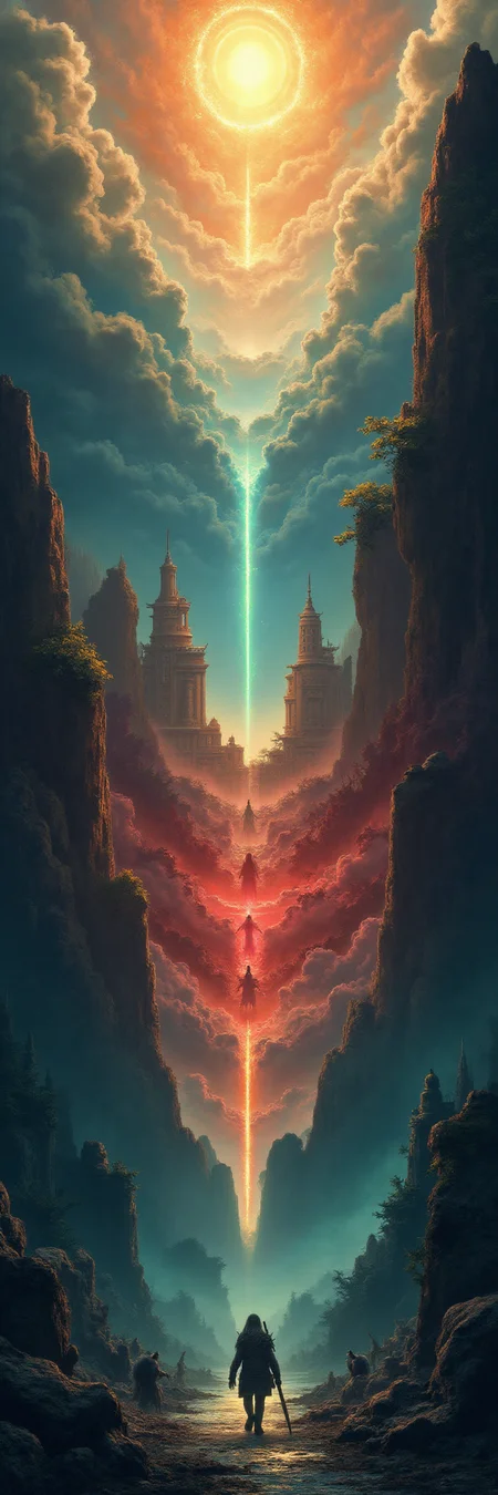 A grand 3-layered scene with 3 contrasting scenes: The upper part depicts a heavenly kingdom, showing the life scenes of the gods, surrounded by tranquility, golden tones The middle part should be themed on the human world, showing the life scenes of humans and animals, with magnificent urban architecture and mountains and rivers, blue-green tones The lower part is bloody and dark, full of death, shadow demons and skeletons, evoking a sense of foreboding, red and black tones The transitions between the parts should be seamless and unique, creating a strong visual narrative for the different levels of existence.
