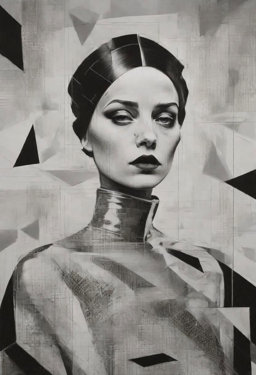 pop surrealism, rough crosshatch drawing pop art Lunatic_Portrait of a girl in latex, slick back, low bun, black makeup, sinister expression, intense glare, avant-garde, abstract, weird, geometric, constructivism, suprematism, rayonism, verticism, lineism, tj