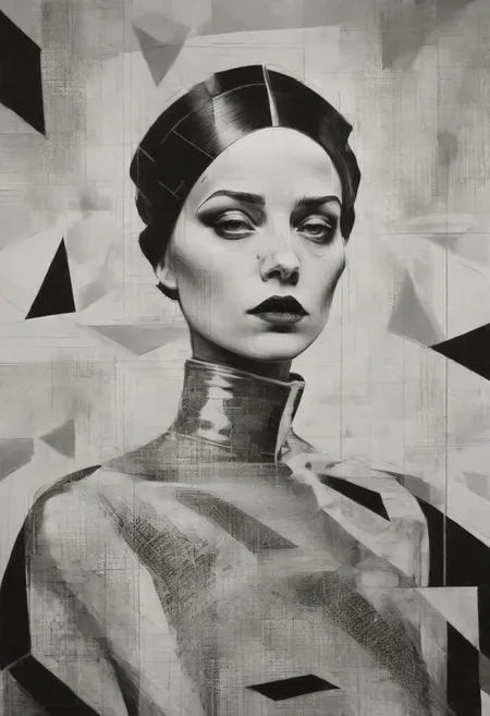 pop surrealism, rough crosshatch drawing pop art Lunatic_Portrait of a girl in latex, slick back, low bun, black makeup, sinister expression, intense glare, avant-garde, abstract, weird, geometric, constructivism, suprematism, rayonism, verticism, lineism, tj