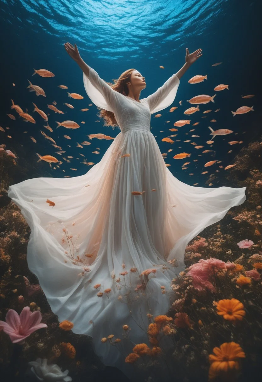 The image is an underwater scene with a woman floating in the center. She is wearing a long, flowing white dress with pink and orange flowers cascading down her body. The dress is made up of multiple layers of fabric, creating a beautiful and intricate design. The woman's hair is flowing in the wind and she is reaching up towards the sky with her arms stretched out to the sides. The background is filled with a variety of colorful flowers and plants, including roses, daisies, and lilies. The water is a deep blue and there are small fish swimming around the woman. The overall mood of the image is dreamlike and ethereal.