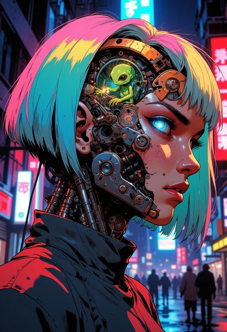Medium Close-Up, slightly low angle, Neon-drenched cyberpunk cityscape back alley at night, shallow depth of field creating bokeh highlights, dramatic rim lighting casting sharp shadows, moody and intriguing atmosphere, A striking female cyborg with vibrant, iridescent rainbow hair styled in a sharp bob cut, one intense cybernetic eye glowing faintly cyan. The entire right half of her face is artfully deconstructed, revealing gleaming chrome and copper clockwork mechanisms, sparking micro-circuitry, and pulsing wires. Nestled comfortably within this intricate cranial machinery, visible through a small transparent panel, sits a tiny, cute, big-eyed green alien with miniature tentacles deftly manipulating glowing control levers. The cyborg wears a minimalist dark grey high-collar tunic. Her visible expression is serene yet vacant, a stark contrast to the focused alien pilot within, Shot on 85mm prime lens, f/2.0 aperture, ISO 100, hyperrealistic detail, cinematic lighting, razor-sharp focus on the cyborg's face and the internal alien cockpit, subtle lens flare, photorealistic render, Unreal Engine 5.