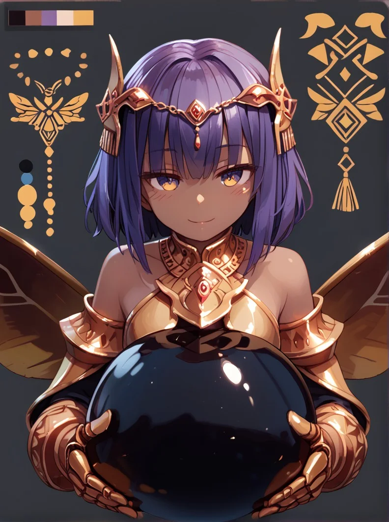 (expressive eyes), (Masterpiece), 1girl, (reference sheet), Khepri, arthropod limbs, dark skin, gold, beetle wings, purple hair, head ornament, Slime ball, girl on slime, opaque slime, black slime, close up, (score_9, score_8_up, score_7_up), <lora:V5.1_retrain:1.0>