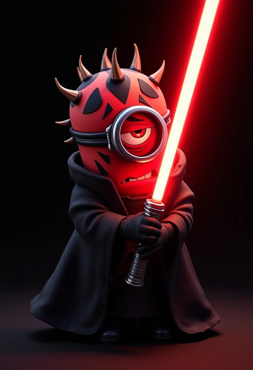 A minion from despicable me, red skin, Darth Maul like spikes on head, dressed in a dark Sith lord robe, Dark Jedi, (one eye:1.2), angry expression, scowling, (looking at viewer:1.1), holding a red lightsaber, pitch black background only illuminated by red lightsaber, perfect lightsaber, lightsaber pointed at viewer,
Highest quality, masterpiece, 4k, concept art,
