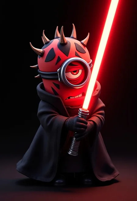 A minion from despicable me, red skin, Darth Maul like spikes on head, dressed in a dark Sith lord robe, Dark Jedi, (one eye:1.2), angry expression, scowling, (looking at viewer:1.1), holding a red lightsaber, pitch black background only illuminated by red lightsaber, perfect lightsaber, lightsaber pointed at viewer,
Highest quality, masterpiece, 4k, concept art,