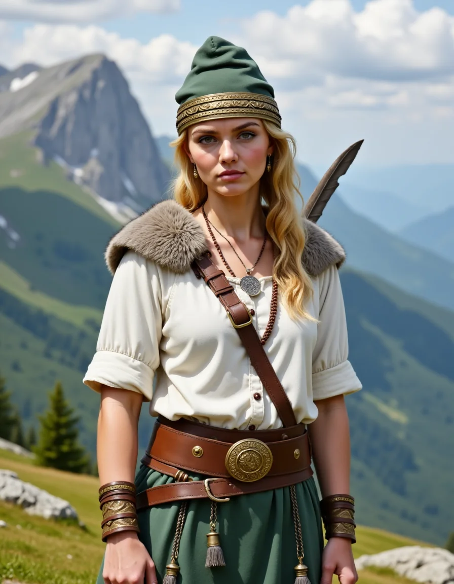 Dacian a woman with a falx and a white shirt is standing in front of a mountain. <lora:DaciiV6:1>