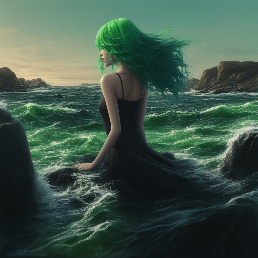 gradient, rock, high heels, teeth, green hair, waves, sky, 1girl, water, painting (medium)