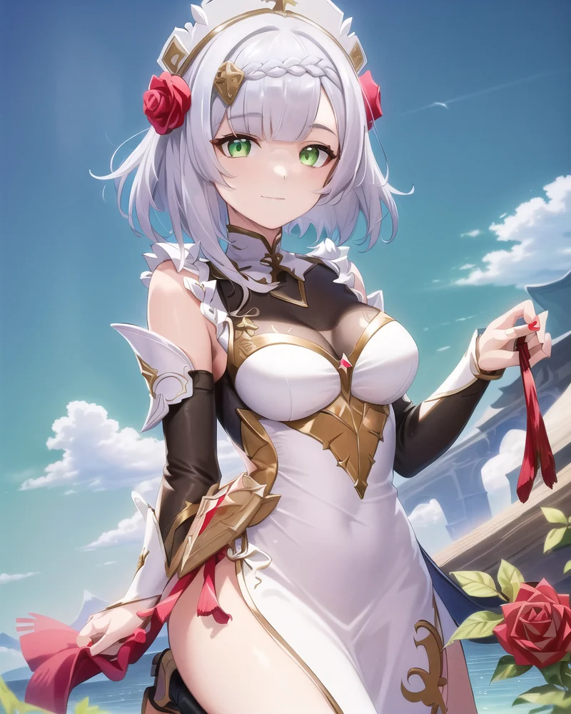 best quality,highly detailed,masterpiece,ultra-detailed,solo,(1girl),(Delicate eyes),(full body),noelle_\(genshin_impact\), 1girl,(green_eyes:1.2//),silver hair, short_hair, medium_breasts, rose, red_flower,(china dress:1.2), red_rose, hair_flower,upper body, smile