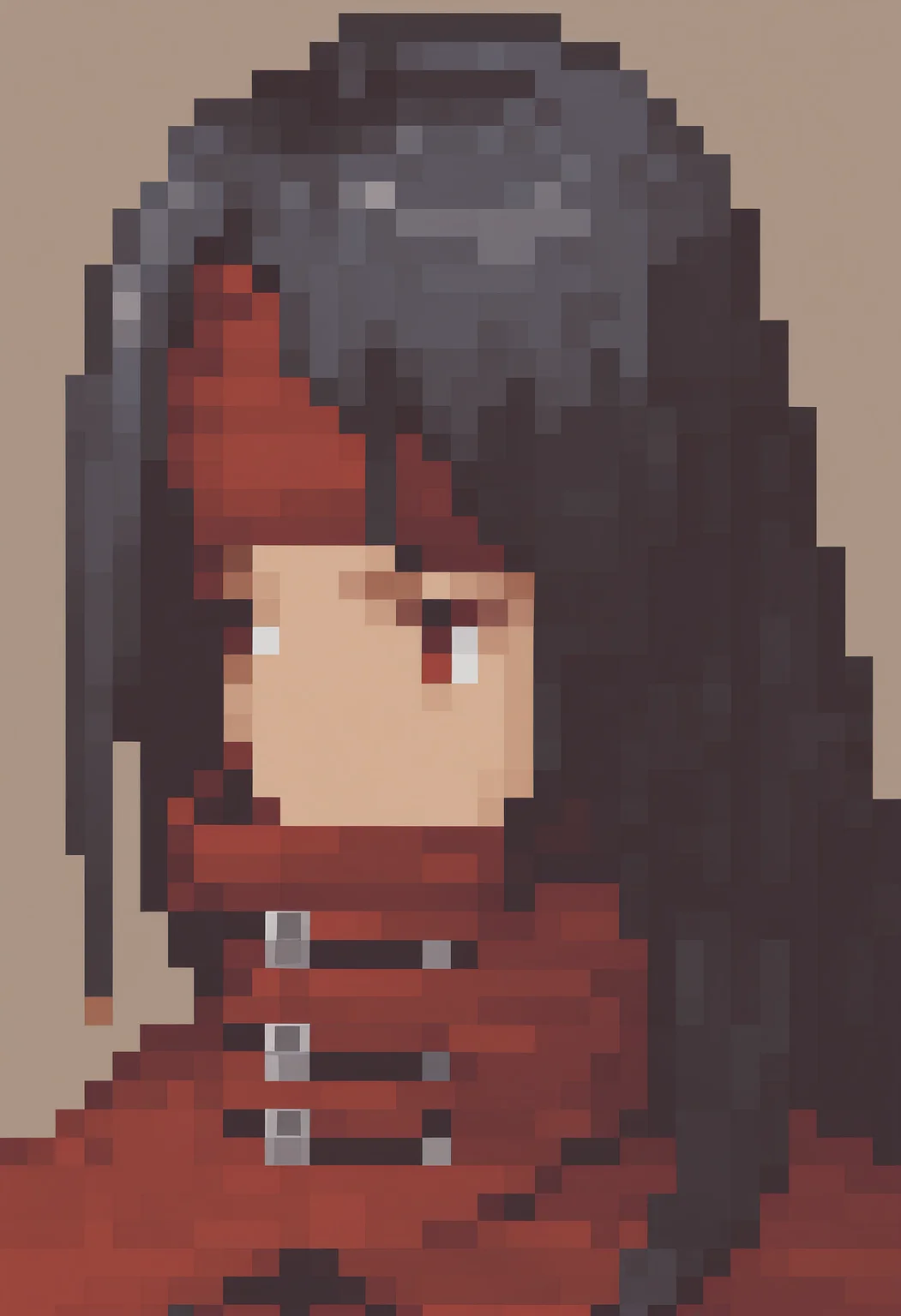 masterpiece, best quality, solo, 1boy, looking at viewer, <lora:Vincent-valentine-illus_Fp:1>, vincentff7, black hair, red eyes, long hair, red headband, red cloak, covered mouth, <lora:FFT-Portraits-illus_Fp:1>, pixel art, portrait, simple background,
