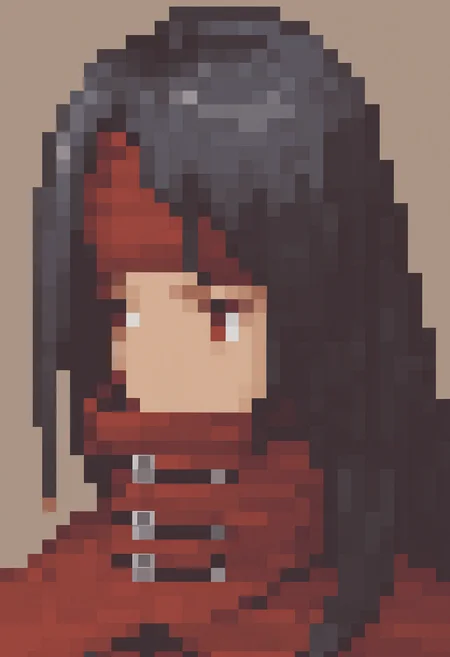 masterpiece, best quality, solo, 1boy, looking at viewer, <lora:Vincent-valentine-illus_Fp:1>, vincentff7, black hair, red eyes, long hair, red headband, red cloak, covered mouth, <lora:FFT-Portraits-illus_Fp:1>, pixel art, portrait, simple background,