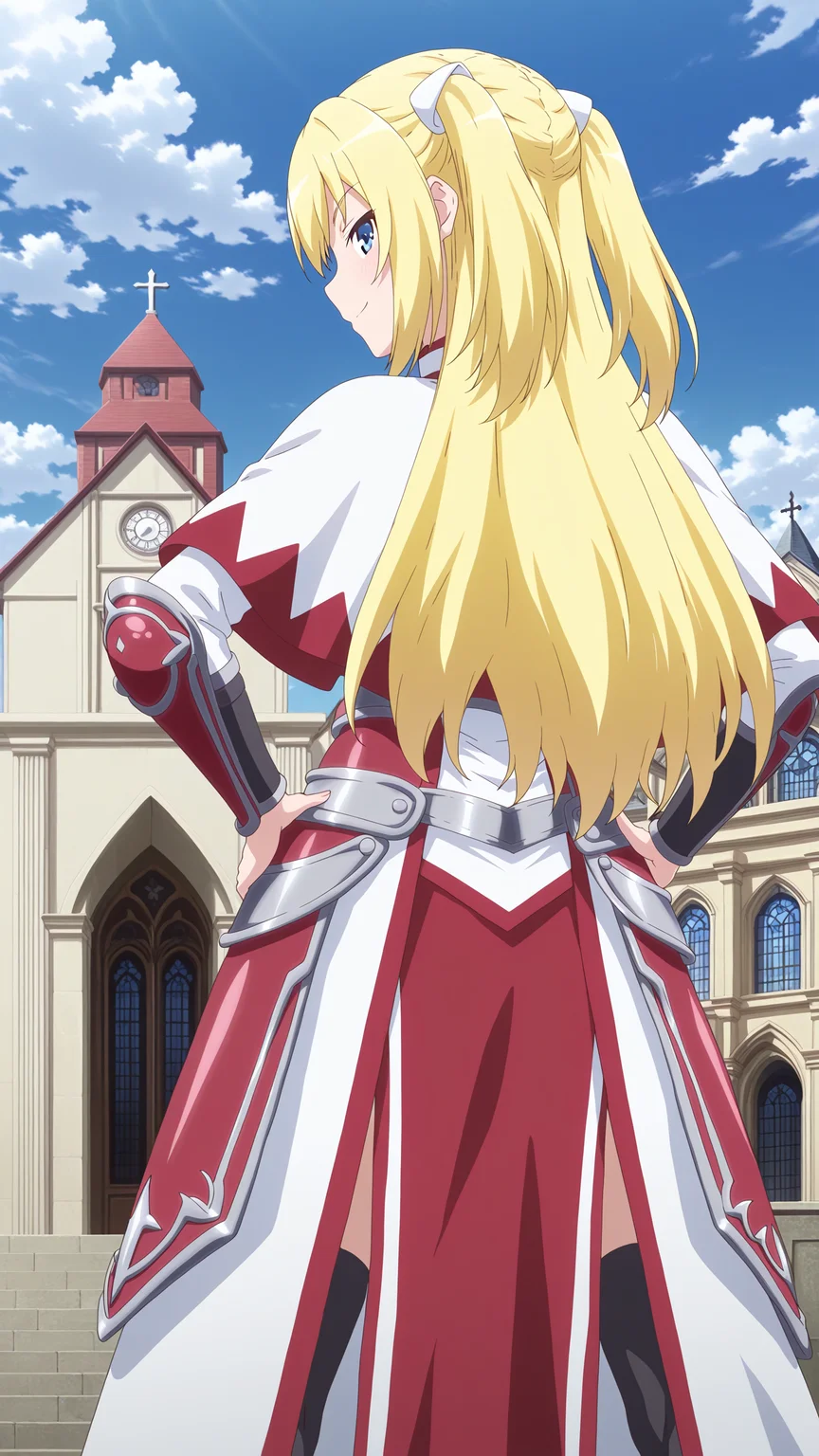 score_9, score_8_up, score_7_up, derpibooru_p_95, uncensored, masterpiece, absurdres, source_anime, <lora:hand 4:1>, perfection, 1girl, solo, hands on hips, facing away from viewer, looking at viewer, confident, smile, outdoors, church, view from behind, BREAK, <lora:IL_Luvilias_Ochi_Mono_RPG_Seikishi_Luvilias:0.8>, luvilias, blue eyes, blonde hair, two side up, long hair, armored dress, capelet, black thighhighs, armguards, pelvic curtain