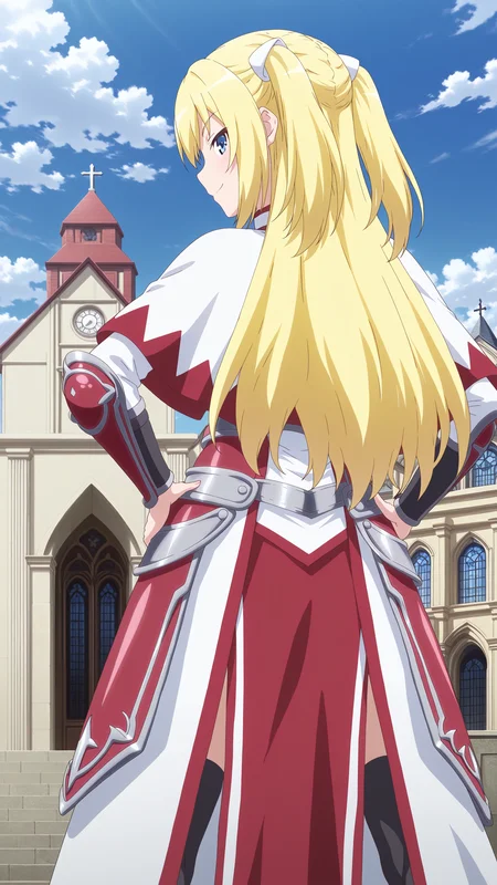 score_9, score_8_up, score_7_up, derpibooru_p_95, uncensored, masterpiece, absurdres, source_anime, <lora:hand 4:1>, perfection, 1girl, solo, hands on hips, facing away from viewer, looking at viewer, confident, smile, outdoors, church, view from behind, BREAK, <lora:IL_Luvilias_Ochi_Mono_RPG_Seikishi_Luvilias:0.8>, luvilias, blue eyes, blonde hair, two side up, long hair, armored dress, capelet, black thighhighs, armguards, pelvic curtain