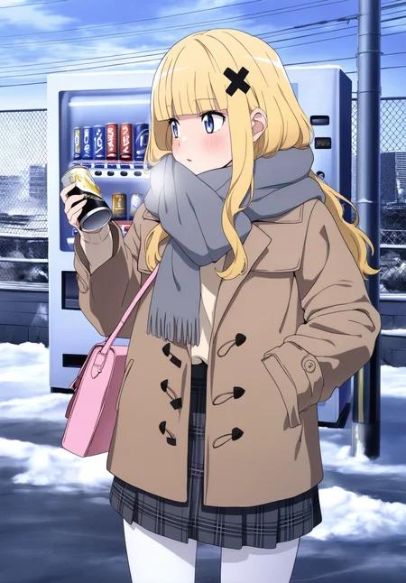 <lora:MeMax5-noob-vpred:1>,1girl,upper body,bag,blonde hair,blunt bangs,blush,building,can,chain-link fence,cityscape,coat,day,fence,grey scarf,grey skirt,hair ornament,holding,holding can,long hair,looking to the side,open clothes,open coat,outdoors,pantyhose,parted lips,pink bag,plaid clothes,plaid skirt,power lines,scarf,shadow,shoulder bag,skirt,snow,solo,utility pole,vending machine,white pantyhose,winter,winter clothes,x hair ornament,hand in pocket,