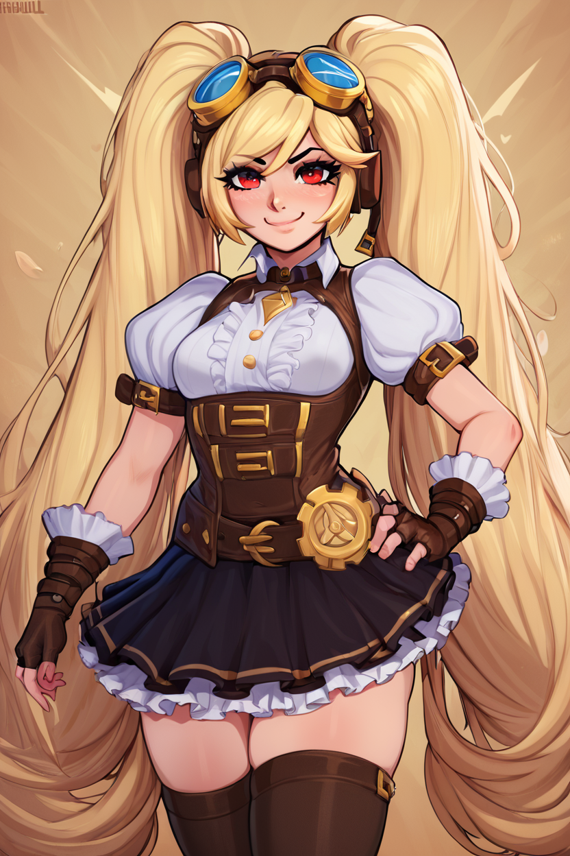 score_9, score_8_up, score_8, medium breasts, (curvy), cute, eyelashes,       BREAK, ,  <lora:Layla_ML_PDXL_v2:0.8>,  zzLayla, solo, 1girl, twintails, blonde, blonde hair, long hair, very long hair, red eyes, goggles, goggles on head, gloves, thighhighs, skirt, short sleeves, fingerless gloves, puffy sleeves, brown gloves, puffy short sleeves,   , BREAK, <lora:Afrobull_PDXL_v4:0.8>,  BREAK, smile, looking at viewer, closed mouth, cowboy shot,  embedding:zPDXL, Expressiveh,  <lora:SDXLFaeTastic2400:0.5>,  <lora:Expressive_H-000001:0.4>,