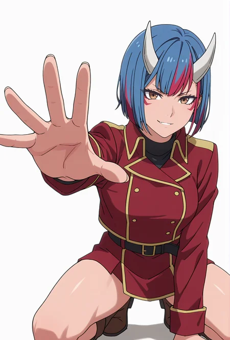 Smooth Quality,masterpiece,very intricate, high quality details, ultra realistic, high detailed skin,detailed enviorement,absurdres,
simple background, white background, 
,smirk,kneeling pose, one hand on the ground, other hand reaching forward, focused gaze, tense muscles,  ,
 <lora:Gobwa_cnn:0.8> gobwacnn,1girl, short hair,blue hair, multicolored hair, facial mark, streaked hair,white horns, brown eyes,shirt,red jacket, red coat, black belt, double-breasted, boots,