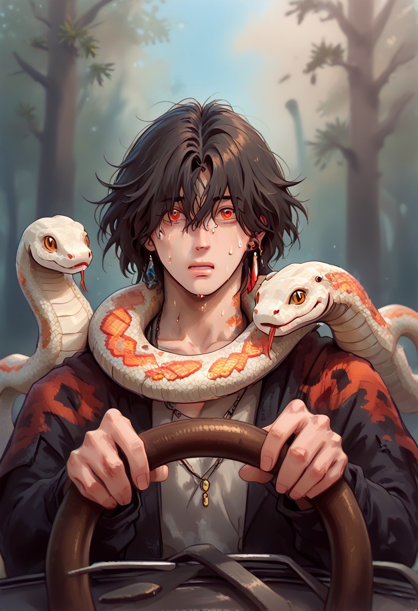 Vergilhoo,ironliliart,fiz-rot,afrobull,power crashes kobeni's car (meme), car interior, holding, steering wheel, look at viewer, crying with wide eyes open, nervous sweating, from front,A man with a snake on his shoulders trying to escape, car,in a car, , human:1.2,  (sn4k3, snake, snake on shoulders, upper body, FntsyPstlCE style), front_view, scaleless snake:1.6, white coloured snake:1.2, red eyes on snake, a giant wheel of fortune background:1.2, wheel with chances of getting hit written in it:1.2, wheel:1.5, city background