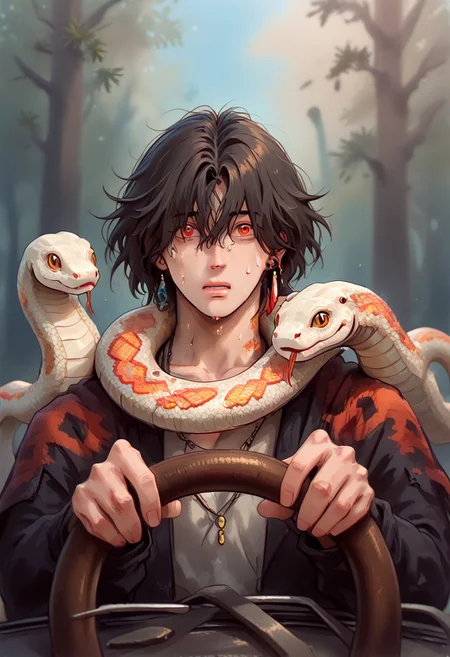Vergilhoo,ironliliart,fiz-rot,afrobull,power crashes kobeni's car (meme), car interior, holding, steering wheel, look at viewer, crying with wide eyes open, nervous sweating, from front,A man with a snake on his shoulders trying to escape, car,in a car, , human:1.2, (sn4k3, snake, snake on shoulders, upper body, FntsyPstlCE style), front_view, scaleless snake:1.6, white coloured snake:1.2, red eyes on snake, a giant wheel of fortune background:1.2, wheel with chances of getting hit written in it:1.2, wheel:1.5, city background