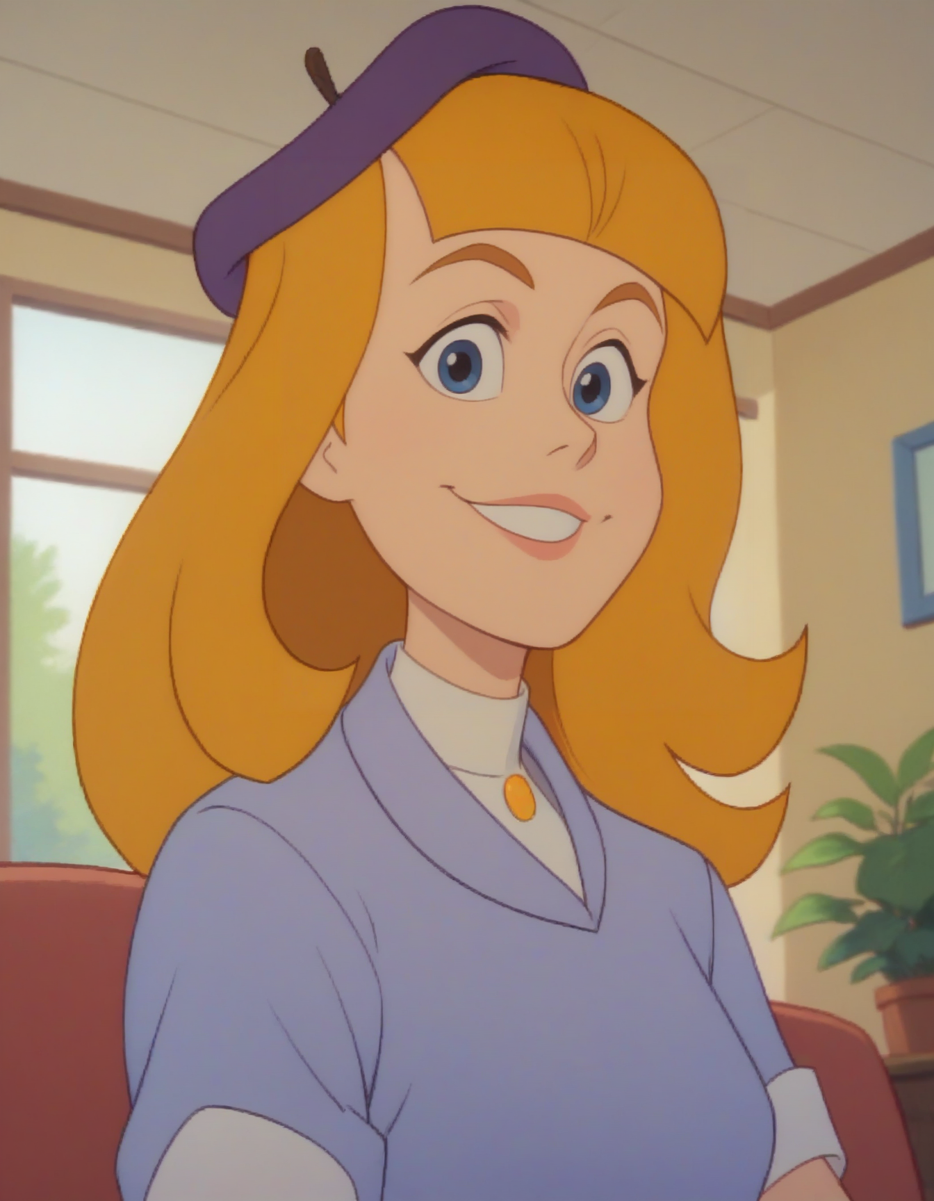 score_9, score_8_up, score_7_up,
xbonniepx, blonde hair, long hair, blue eyes, 
beret, shirt, 
indoors, living room, 
1girl, looking at viewer, portrait, smile, 
 <lora:bonnieparker-wishkid:1>