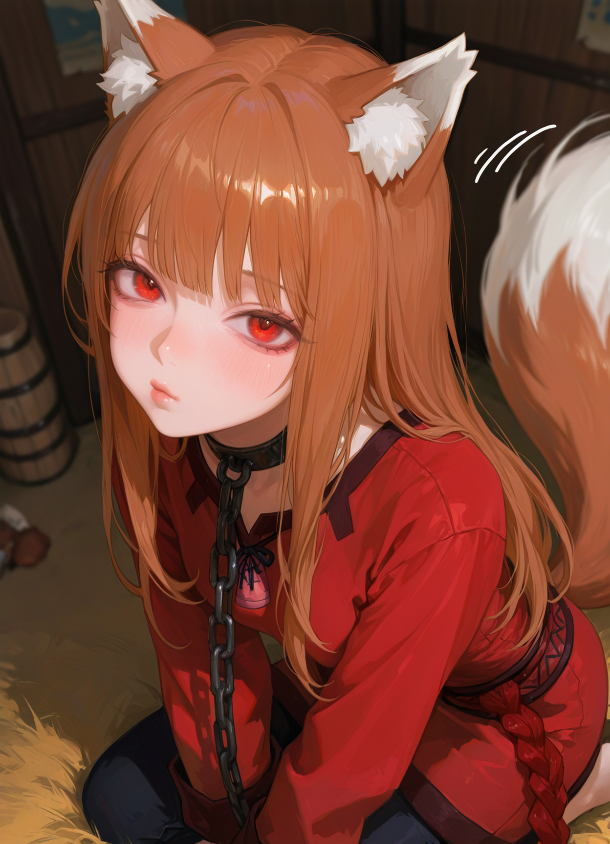 very awa,  <lora:748cmSDXL:0.3>, 748cmstyle, <lora:748cm-NoobEPS100-lokr-v03-000080:0.6>, 748cm, <lora:ponyv6_noobV1_2_adamW-000017:0.35>, (taro-k:0.5), (opossumachine:0.3), (maccha \mochancc\:0.25), <lora:noobai_ep11_stabilizer_v0.114_fp16:0.4>,  1girl, holo, spice and wolf, chain leash, looking at viewer, blush, pleading eyes, from above, pouty lips, tail wagging, kneeling, puppy dog eyes,  hdr, no lineart, realistic, blurry,  masterpiece, [best quality:0.15], newest, absurdres, very aesthetic, best quality, year 2024, newest,