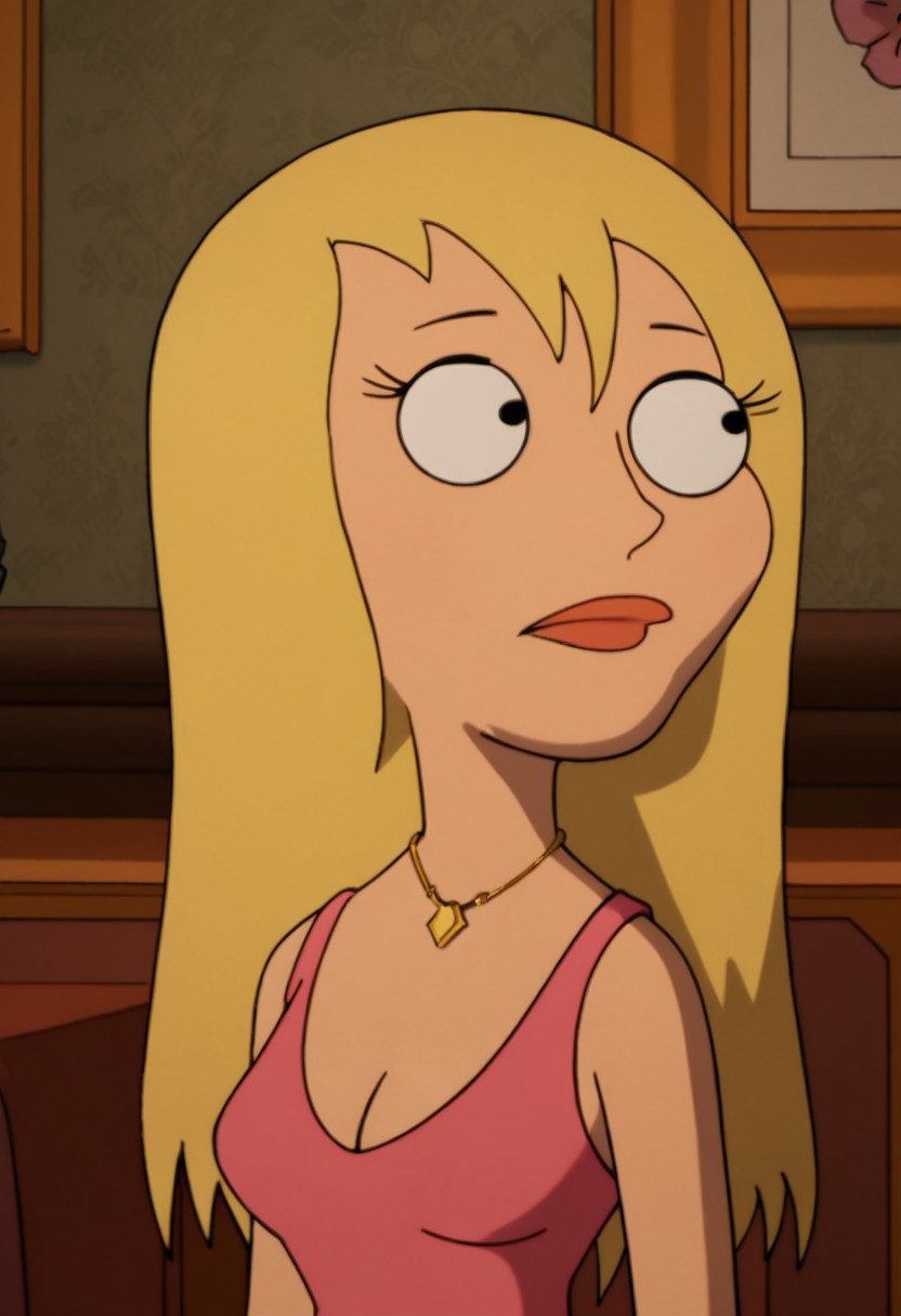 Score_9_up, score_8_up, score_7_up, 1girl, solo, jrwfg, blonde hair, long hair, necklace pink dress, cleavage,