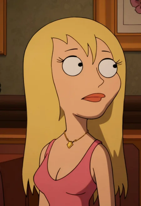 Score_9_up, score_8_up, score_7_up, 1girl, solo, jrwfg, blonde hair, long hair, necklace pink dress, cleavage,