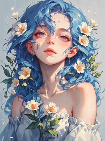 score_9, score_8_up, score_7_up, score_6_up, score_5_up, score_4_up,   <lora:blu3sXLP:0.7> blu3s, 1girl, flowers, blue hair, blue eyes,