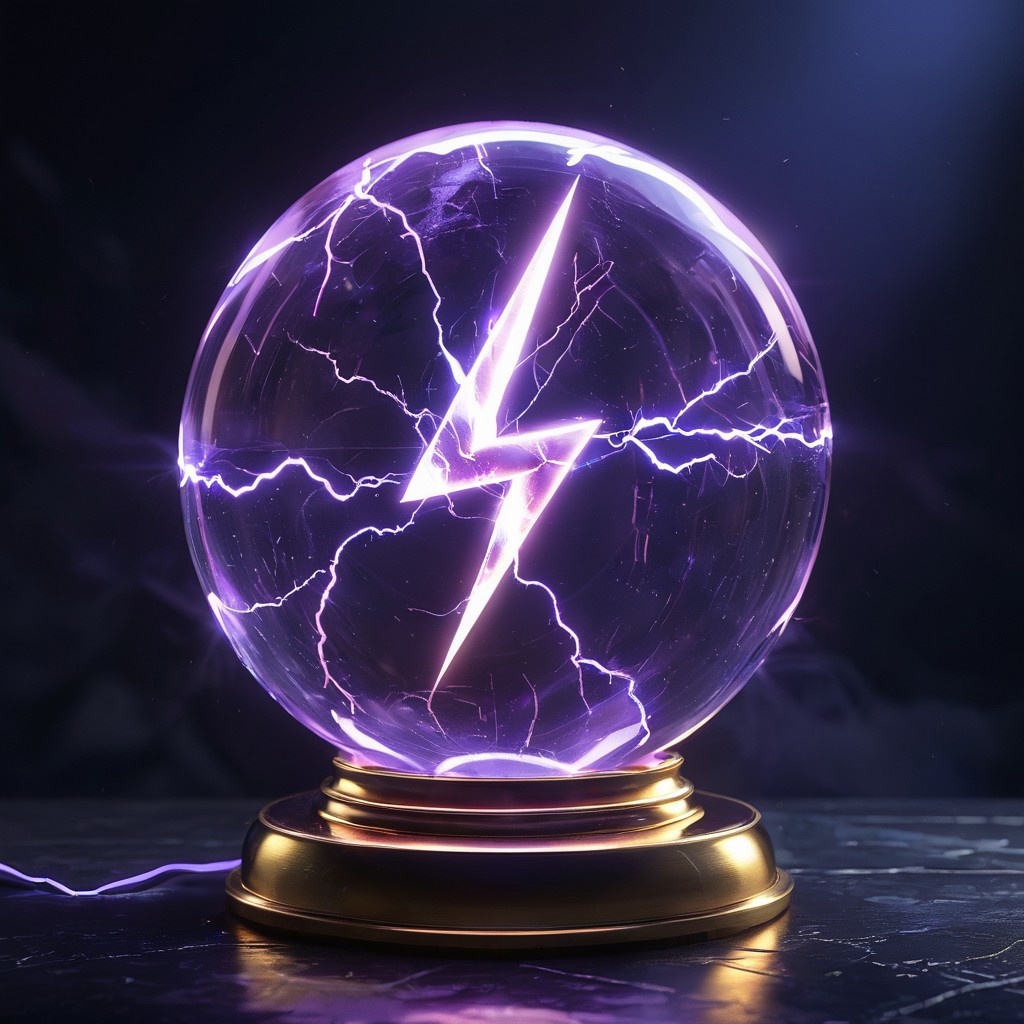 A beautiful translucent pale orb containing glowing lightning bolt symbol, crystal clear, Fancy stand, time distortion, high quality, extreme detail, ultra hd,