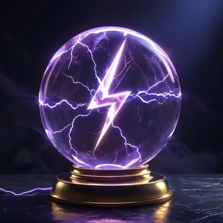 A beautiful translucent pale orb containing glowing lightning bolt symbol, crystal clear, Fancy stand, time distortion, high quality, extreme detail, ultra hd,