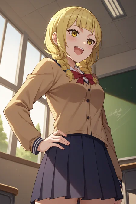 score_9, score_8_up, score_7_up, source_anime, 1girl, prefect lighting, very aesthetic, intricate details, highly detailed background, masterpiece, high quality, prefect hands, best quality, solo,
<lora:Rei_Onodera_Kaguya-sama_Love_Is_War_V1:.85>, KJOrei, blonde hair, yellow eyes, blunt bangs, twin braids, over the shoulder,
White school uniform, blue pleated skirt, kneehighs, long sleeves,
from below, pointing, laughing, blush, leaning forward, hand on own hip,
School, classroom, window, sunny, tree,
(Beautiful, medium Breasts:1.2), natural breasts,